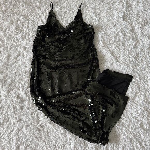 Free People Gorgeous Black and Deep Emerald Green Sequins Maxi Dress Size S - Picture 7 of 9